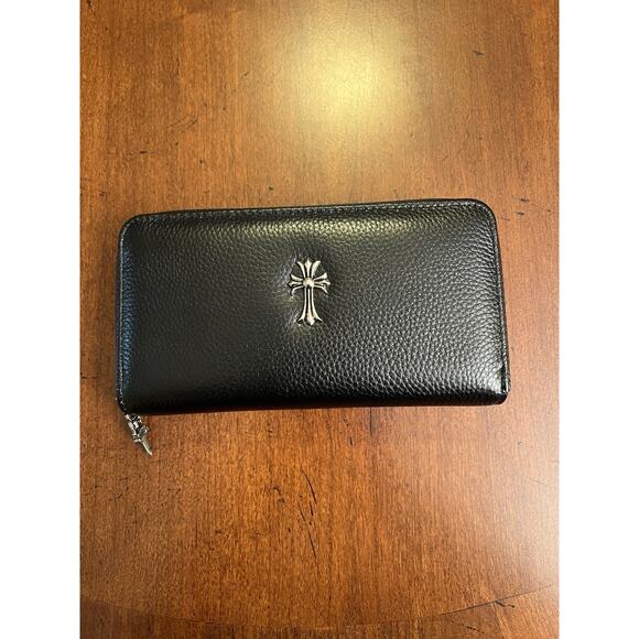Chrome Hearts Leather Wallet Cross Design Black W/ Silver Hardware ZIP Dagger